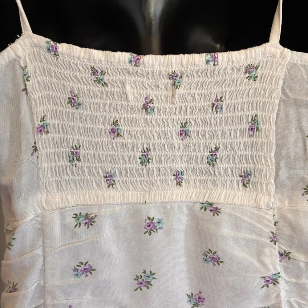 Hollister Coquette Floral Ruched White Purple Mini Summer Dress Size XS